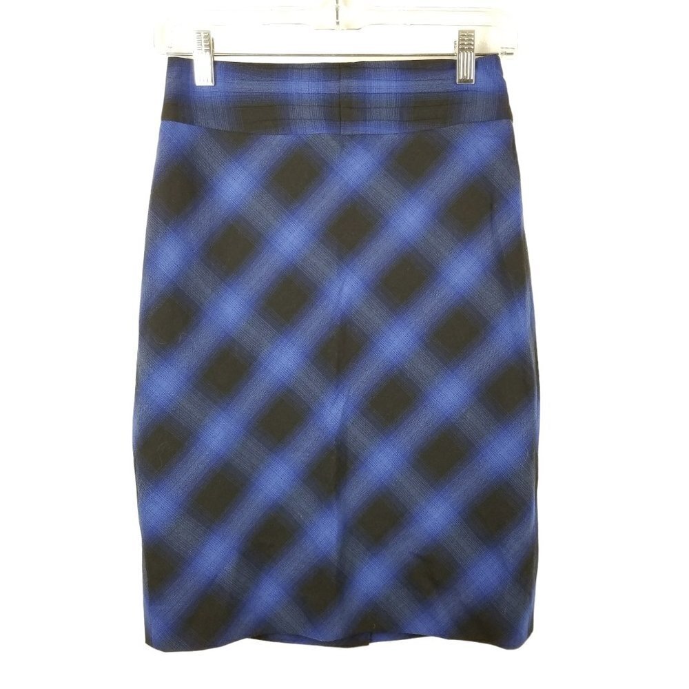 The Limited 0 Blue Black Plaid‎ Pencil Skirt Back Slit Pleated waist Office